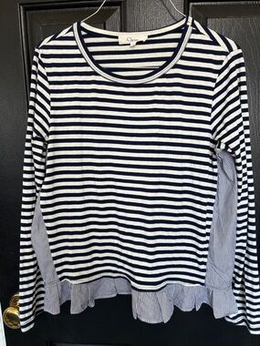 Clu Too Navy and White Striped Ruffle Hem Long Sleeve Top S